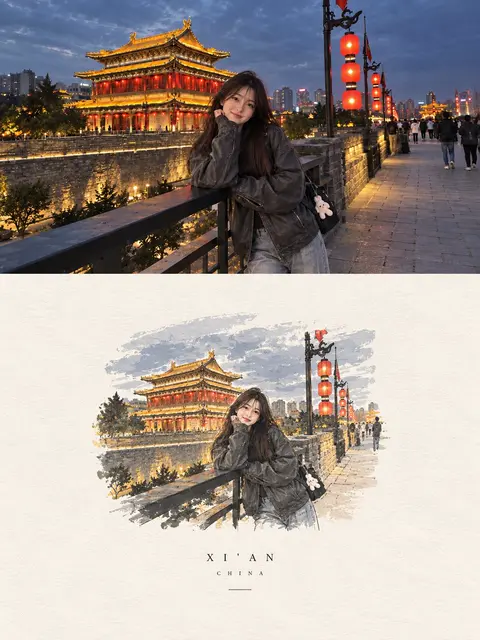 A candid night portrait beside a lit city wall